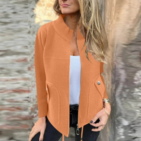Women's Stand Collar Jackets Fashion Solid Color Casual Zipper Suede Coats Long Sleeve Casual Outwear Zip up Hoodie Plus Size Lady Orange XXL