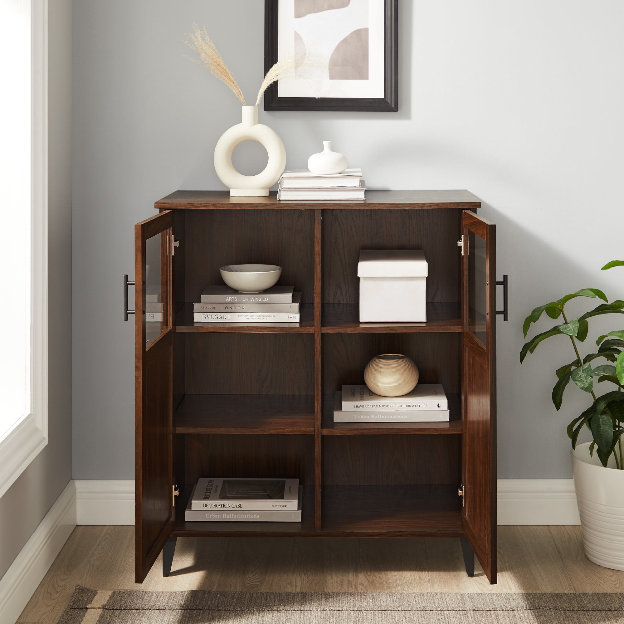 Walker Edison Transitional Grooved Door Accent Cabinet, Dark Walnut