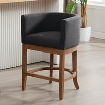 Guyou 26" Modern Counter Height Bar Stools, Barrel Wooden Kitchen Island Chairs, Farmhouse Linen Upholstered Barstools for Restaurant Kitchen Bistro, Charcoal