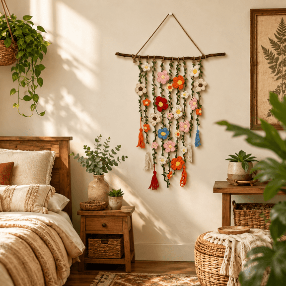 Bohemian Crochet Flower Hanging Decor, Handcrafted Macrame Wall Hanging with Sustainable Nylon Material, Home Decor for Living Room Bedroom 31x19in