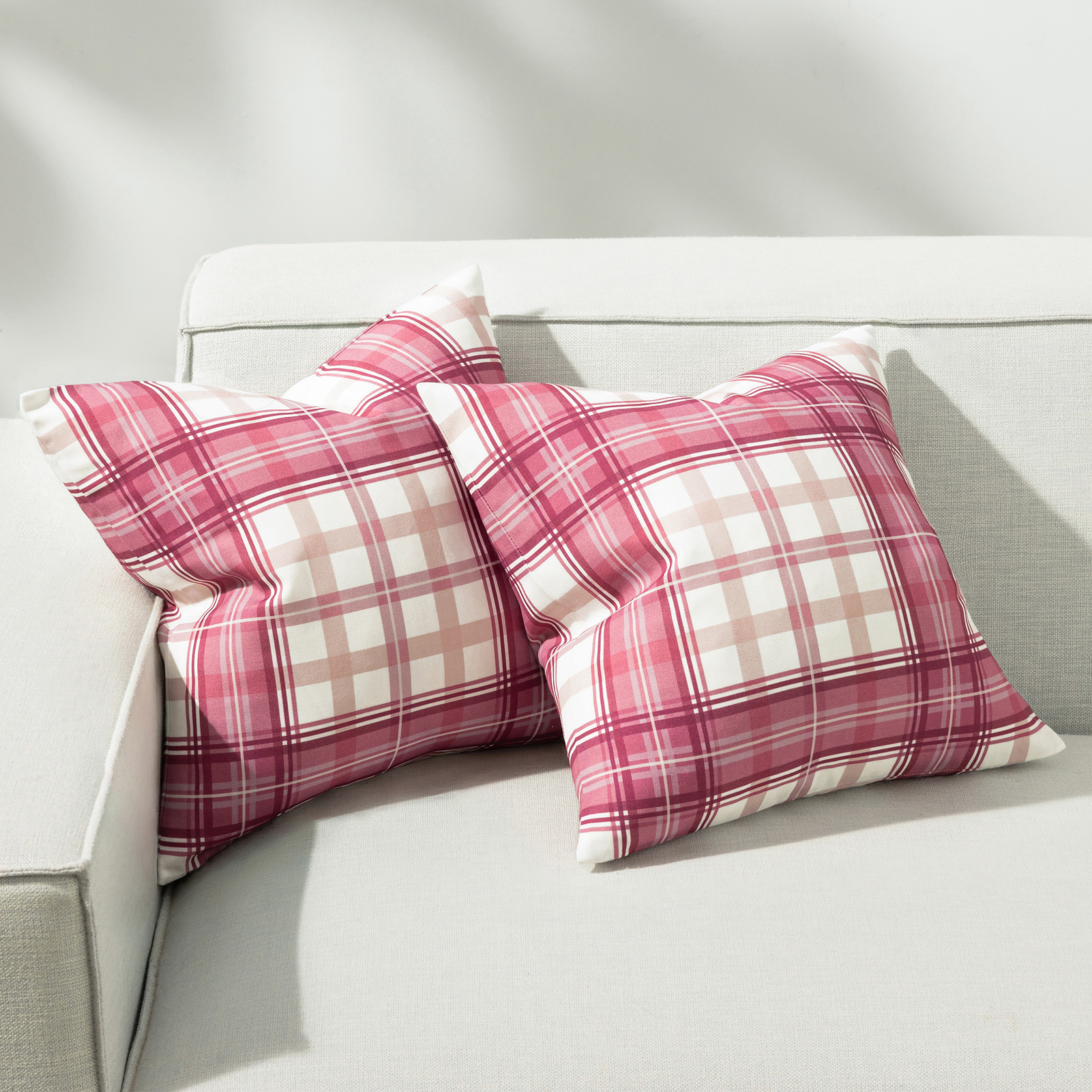 Phantoscope Buffalo Plaid Decorative Throw Pillows with Inserts, Double-Sided Printed Checkered Design, 18 x 18 in, Pink, 2 Pack