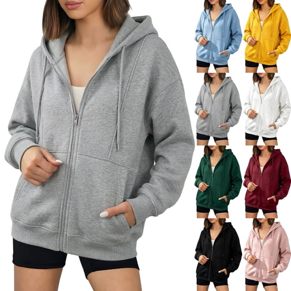 Zip Up Hoodies for Women Oversized Long Sleeve Fleece Jacket Sweatshirts | Hooded Zip Jacket with Pockets, Light Weight Loose Fit, Casual Preppy Cute, #01_Gray, L