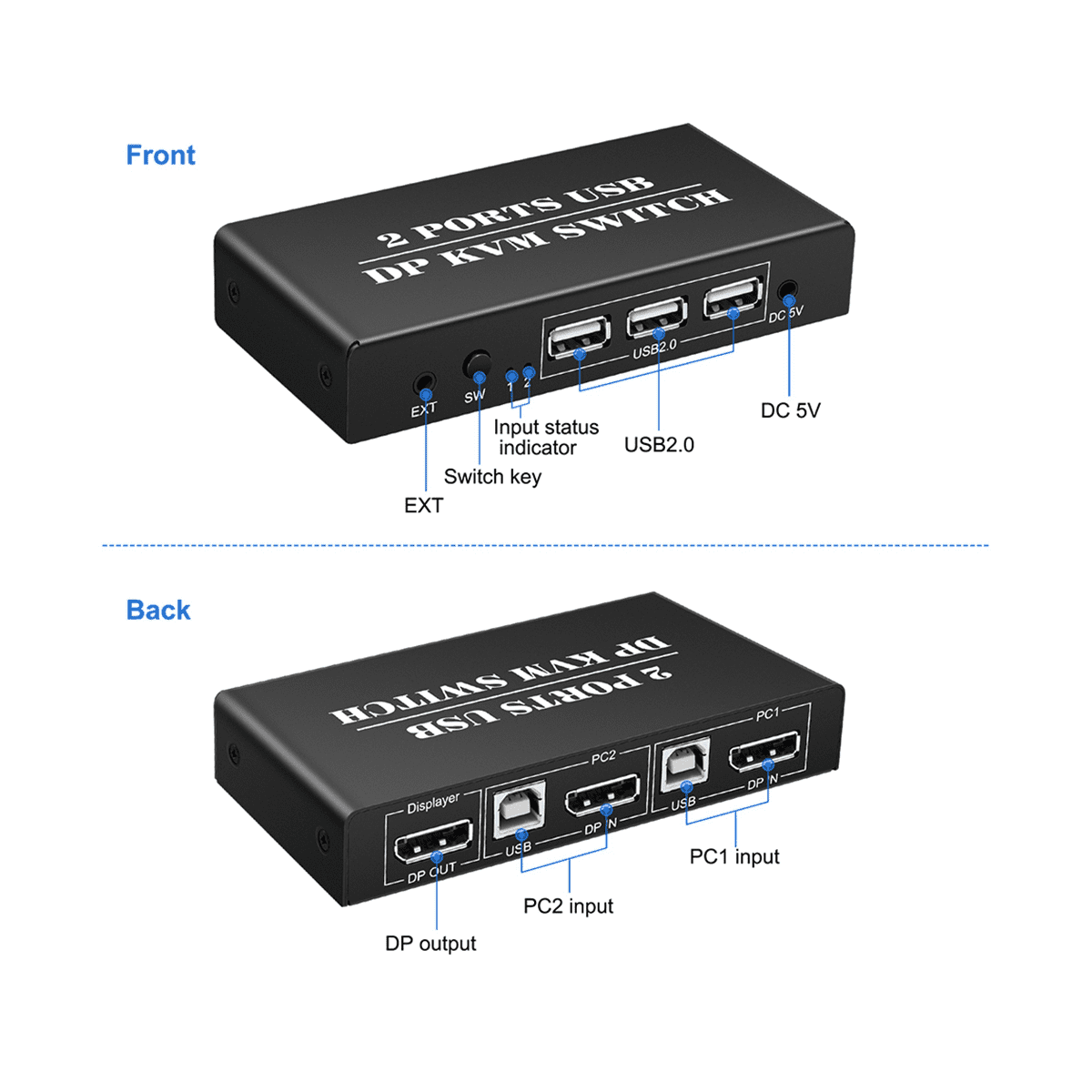 DP KVM Switch 2 Port 8K@30Hz Displayport1.2 Switch 2 in 1 Out with 3 USB2.0 Port for 2 PC Laptop Share Keyboard Mouse