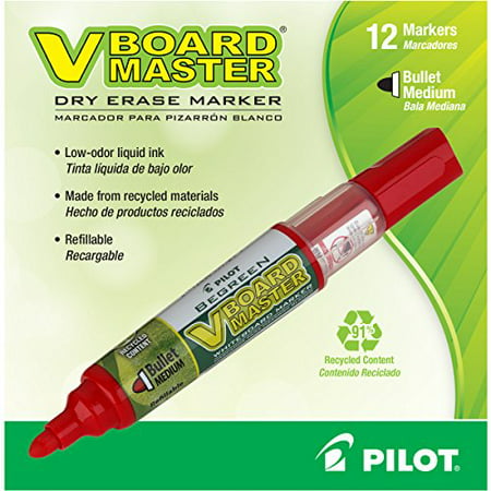 Pilot V Board Master Refillable Dry Erase Markers, Bullet Tip, Red Ink, 12-Pack