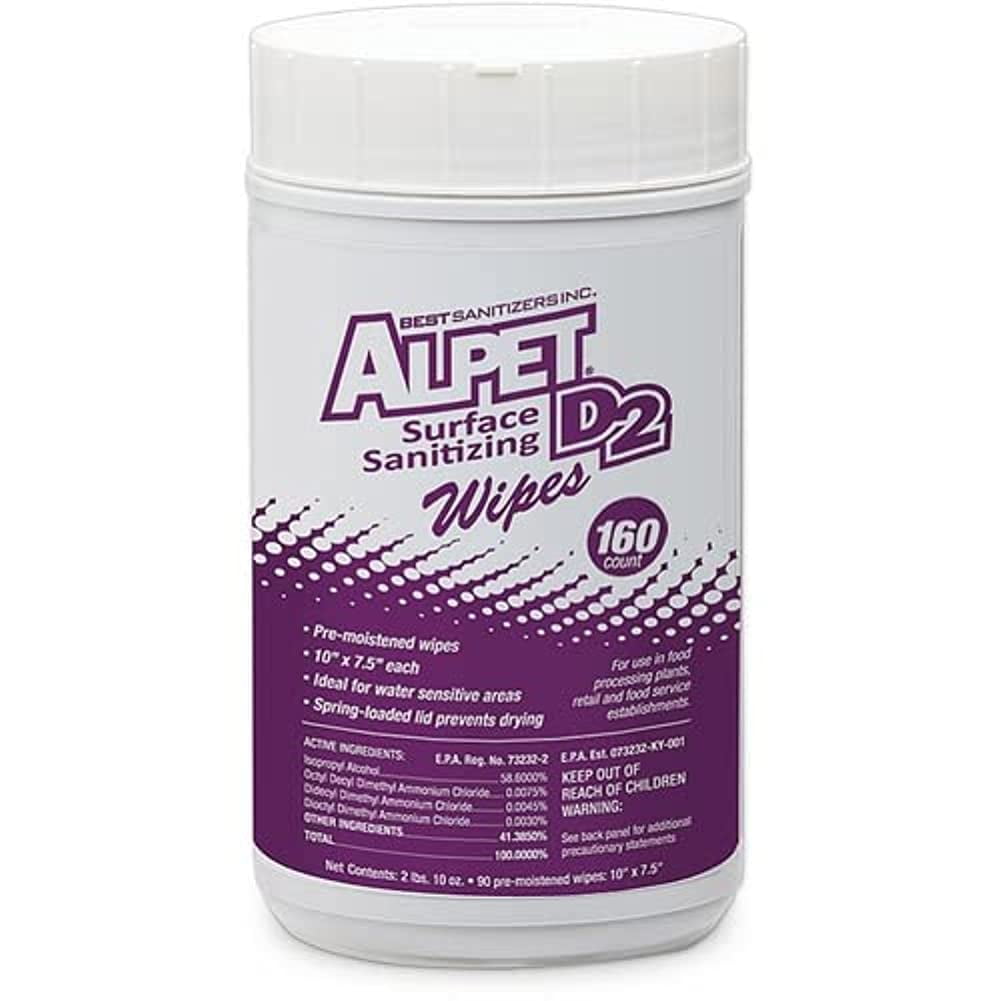 Alpet D2 Surface Sanitizing Wipes, Pre-Moistened - 160 Wipes (Case of 6)  - L72901 - Strong Lint-Less Wipes for Food Contact Surfaces, 960 Total Wipes