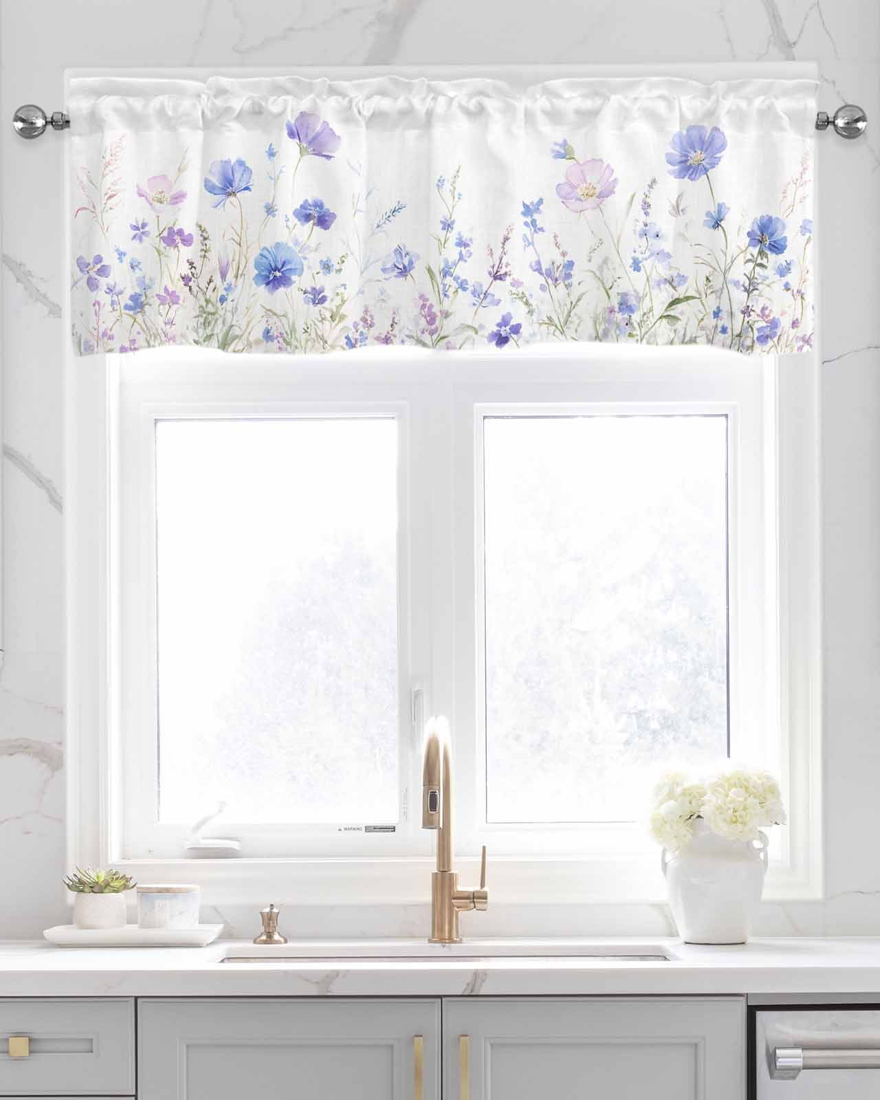 Lavender Flowers Kitchen Valances for Windows Farmhouse Linen Window Valance Curtain for Living Room Window Treatment Spring Blooms Botanicals Garden Floral Valance Rod Pocket Topper, 60 x 18 Inch
