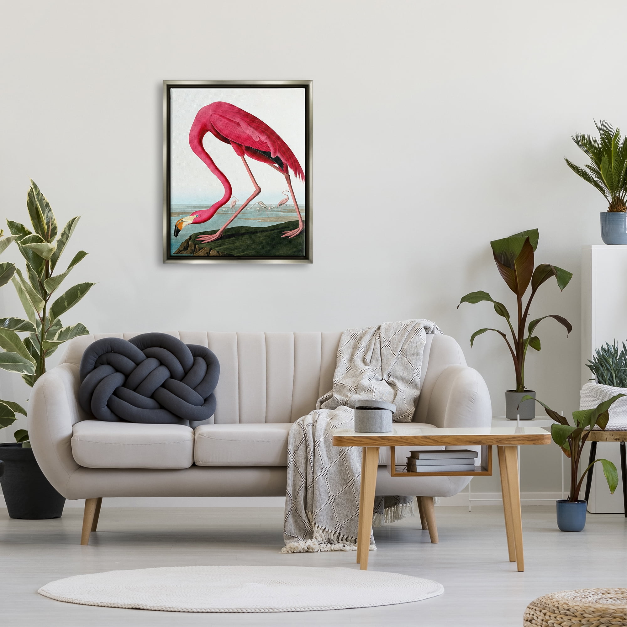 Stupell Industries Flamingo Stepping Near Pond Animals & Insects Painting Gray Floater Framed Art Print Wall Art, 25 x 31