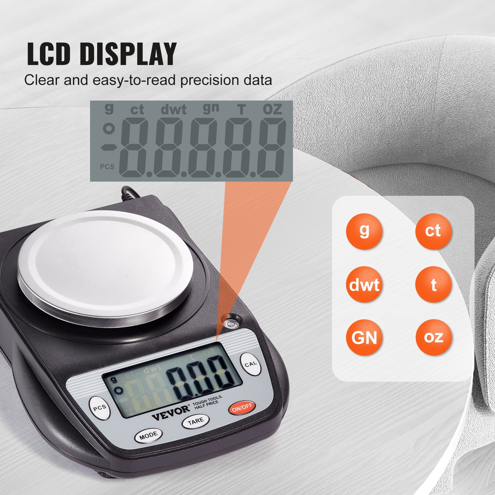 VEVOR Analytical Balance, 600g x 0.01g Accuracy High Precision Lab Scale, 6 Units Conversion Electronic Scientific Laboratory Scale, LCD Display Digital Jewelry Weighing Scale for Lab, Jewelry