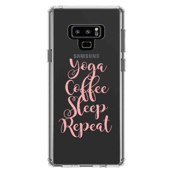 DistinctInk Clear Shockproof Hybrid Case for Samsung Galaxy Note 9 - TPU Bumper Acrylic Back Tempered Glass Screen Protector - Yoga Coffee Sleep Repeat