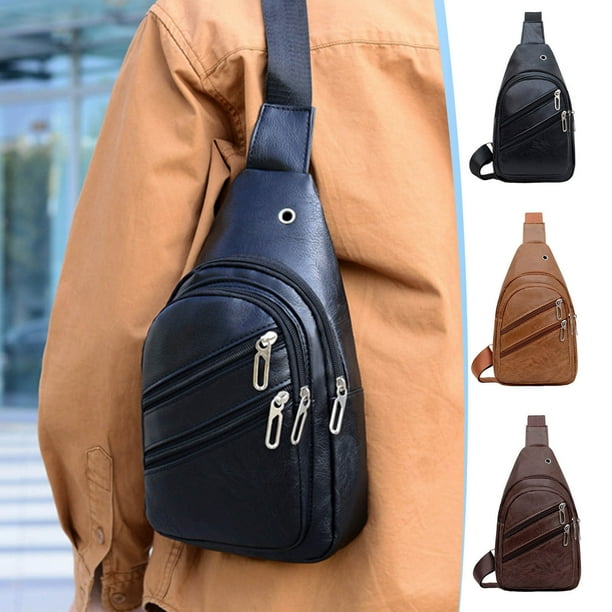 Mochila bandolera de cuero • Mochila con correa en el pecho con agujero para auriculares • Bolsa ligera para senderismo con bolsillos múltiples 30x18x7cm