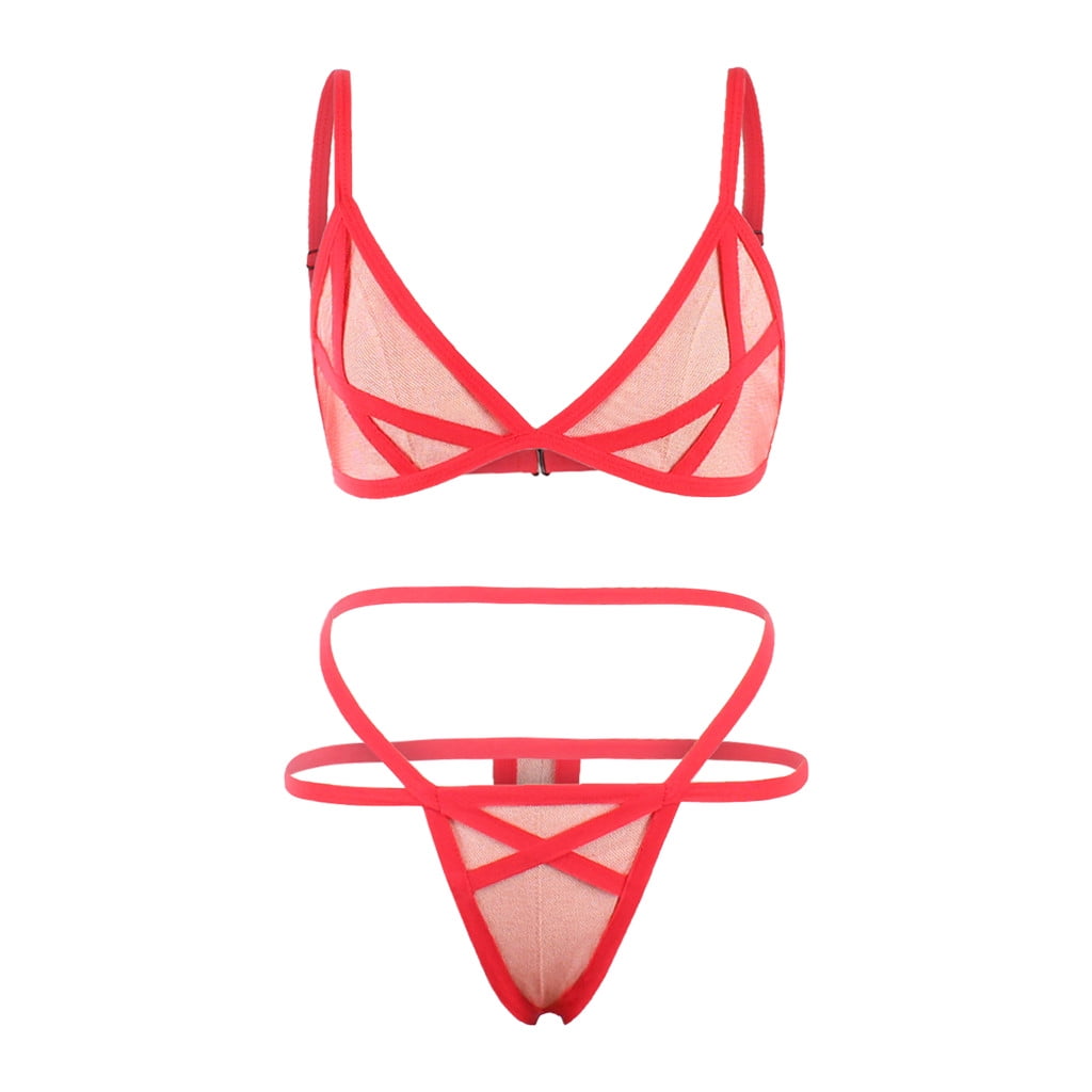 Women's Sexy Sheer Mesh Lingerie Set See Through Bra and Panty Set Strap  Bralette Bra and Panty