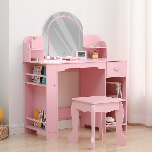 Kojooin Kids Vanity & Stool Set with Bookshelf, Lighted Drawer & Open Shelves