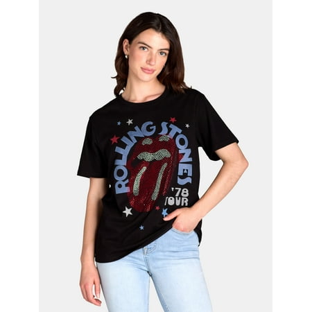 Time and Tru Women’s Rolling Stones Rhinestone Stud Graphic Band Tee, Sizes XS-XXXL