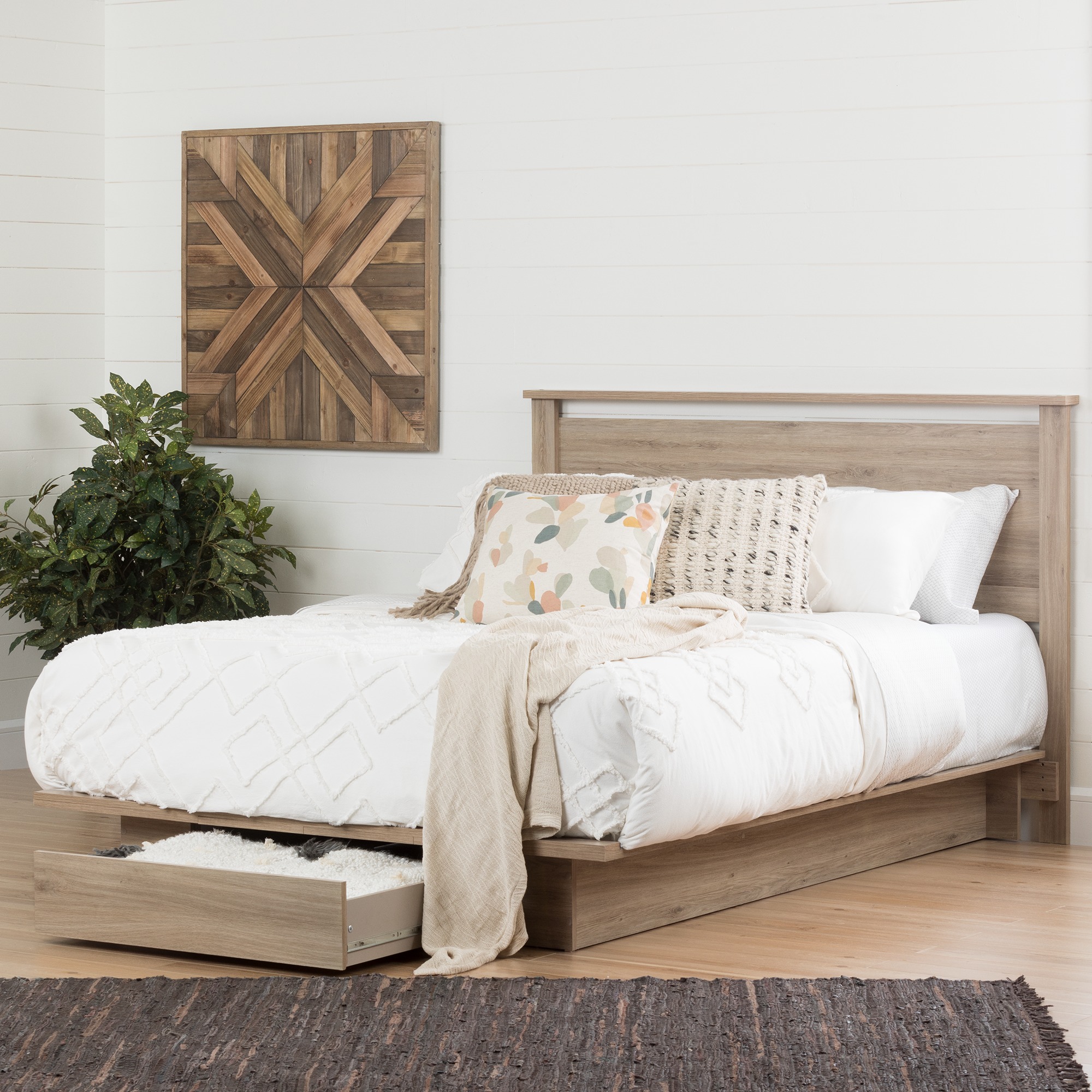 South Shore Primo Full/Queen Platform Bed (54/60'') with Drawers, Rustic Oak