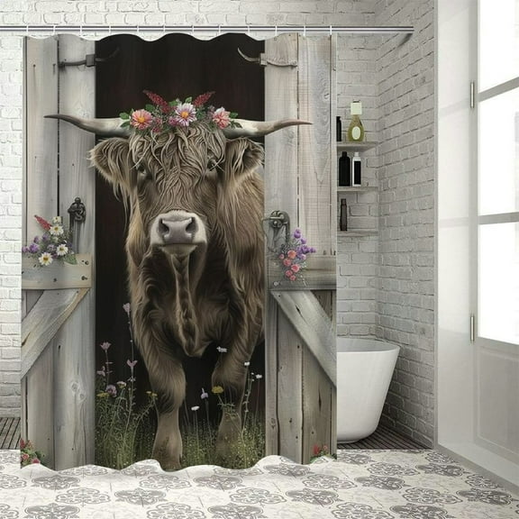 BCIIG Highland Cow Shower Curtain Western Farmhouse Rustic Wooden Barn Door Cattle Country Bull Wildflower Bathroom Floral Plant  Bath Accessories Art Home Decor Fabric
