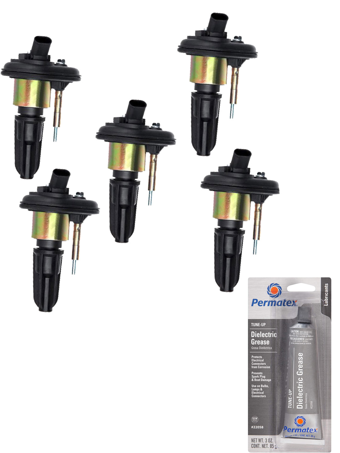 Set of 5 Ignition Coils and Permatex 22058 Dielectric TuneUp Grease Compatible with 2004 2005
