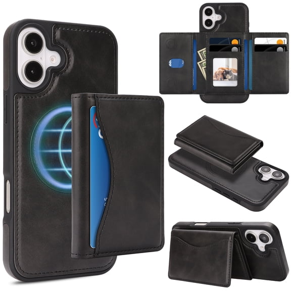 2-in-1 Wallet Case for iPhone 16, RFID Blocking PU Leather with Magnetic Detachable 9 Card & Cash Slots, Kickstand Shockproof Protective Classic Slim Cover for Women & Men, Black