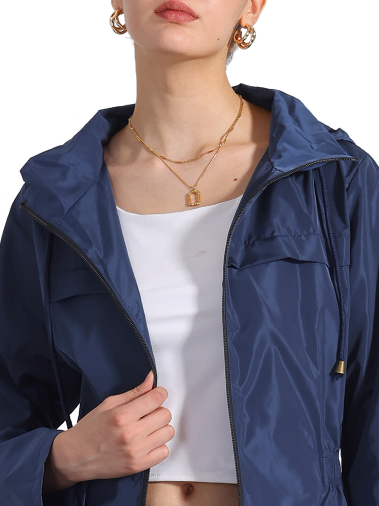 DARING DIVA Windbreaker Trench Coat Hooded Waterproof Jacket M Dark Blue