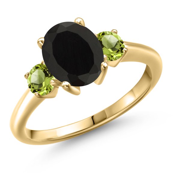 Gem Stone King 10K Yellow Gold Black Onyx and Green Peridot Engagement Ring for Women | 2.60 Cttw | Oval 9X7MM | Gemstone December Birthstone | Size 8