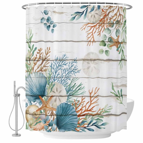 60x72 Inch Shower Curtains for Bathroom, Beach Coastal Bath Curtain Decor, Summer Nautical Coral Shell Botanical Vintage Waterproof Restroom Curtains Shower Set Accessories with 12 Hooks 60 Inch