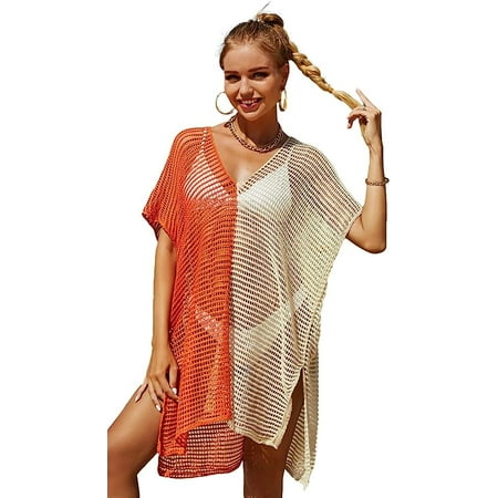 Kukuzhu Women Beach Cover Up Fringed Knit Crochet Hollow Out Tassel Bikini Blouse Contrast Bright Color Swimsuit Top