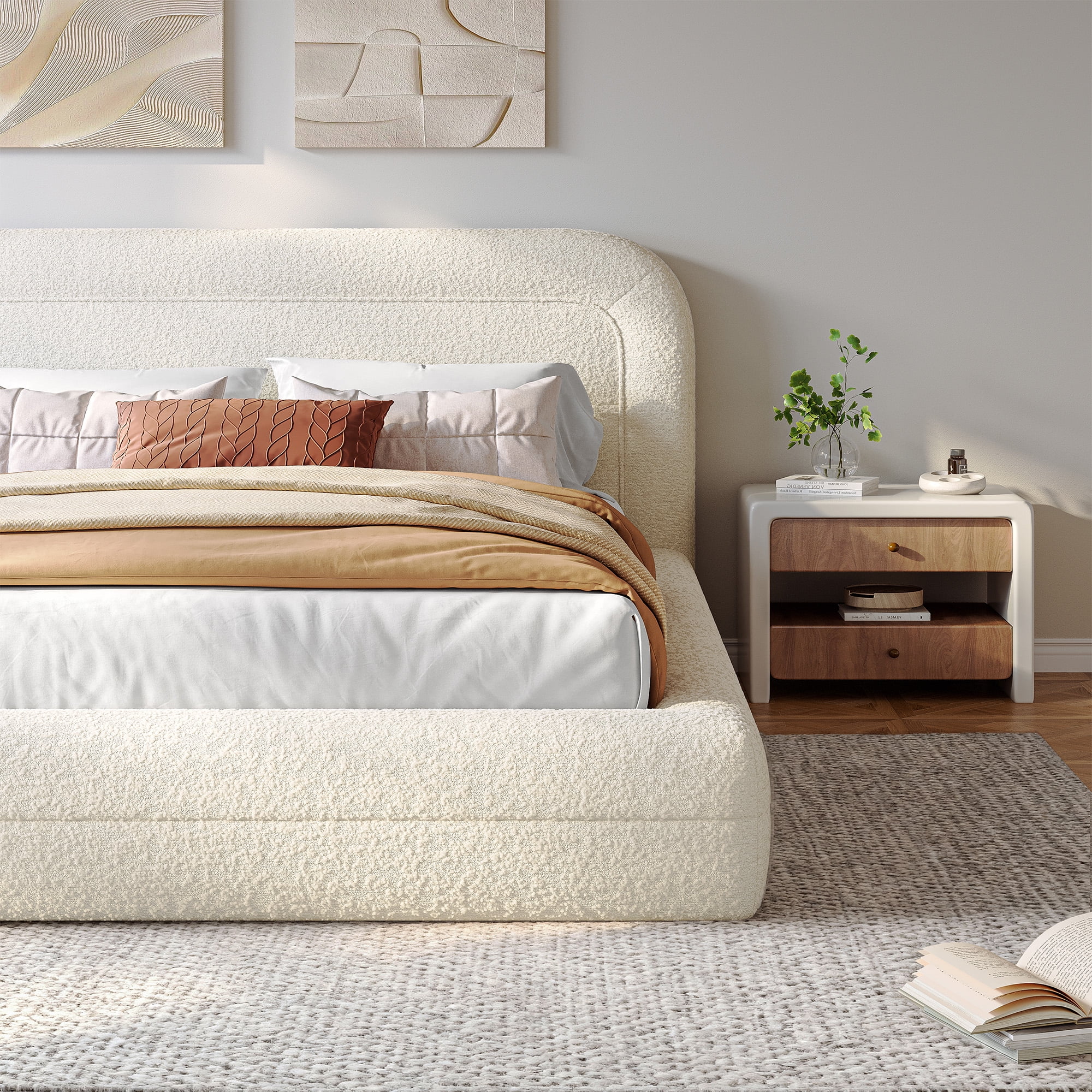 EnHomee Queen Size Cloud Bed Frame with Headboard Boucle Bed Frame with Rounded Corner, White
