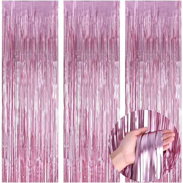KIRIKOU 3 piezas juego de cortinas de borla de lámina rosa decoración de fiesta de fondo, lámina de oro metálica de 3,2 pies x 6,5 pies para la ducha de bebé de novia soltera de cumpleaños