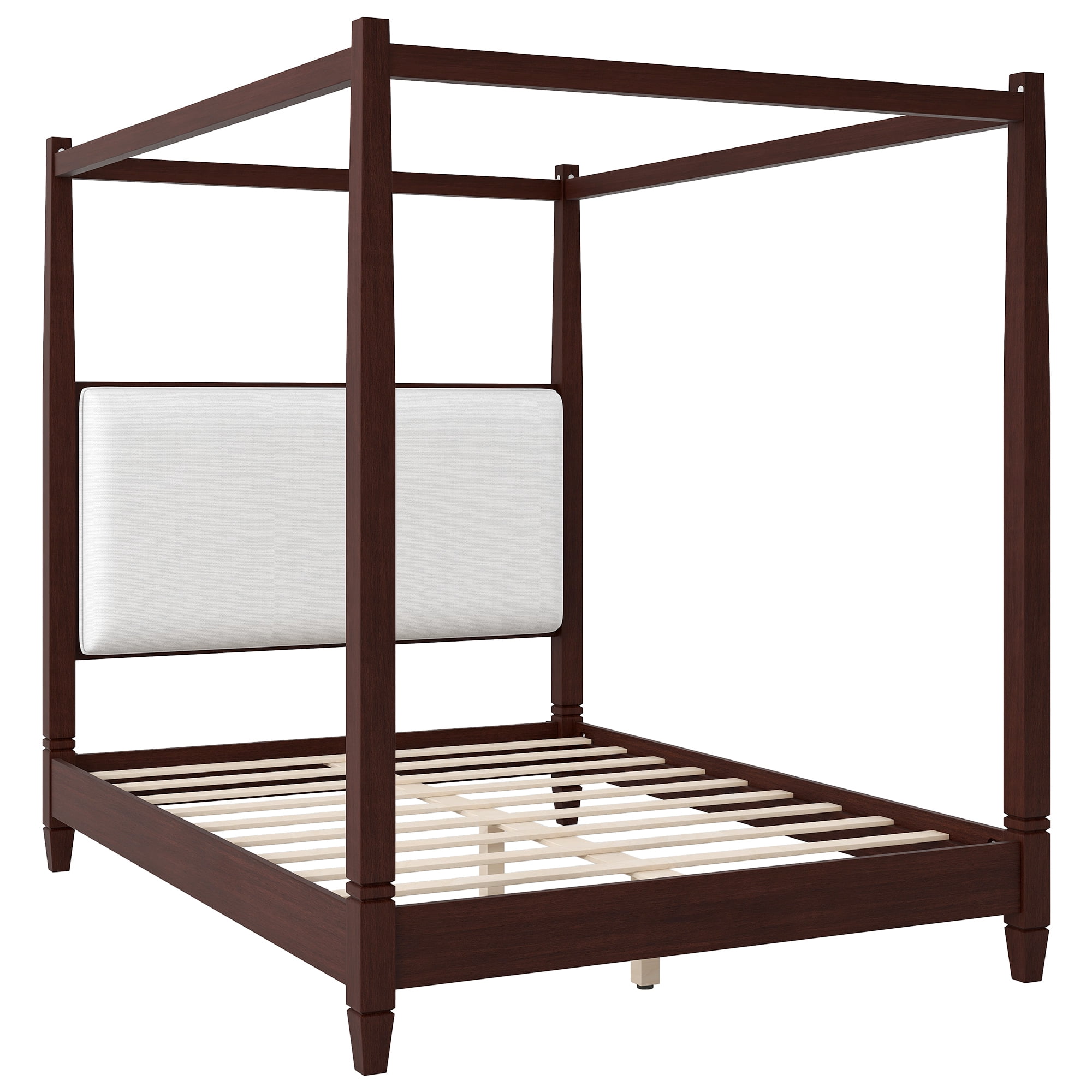Euroco Wood Queen Size Canopy Platform Bed with Upholstery Headboard, Espresso