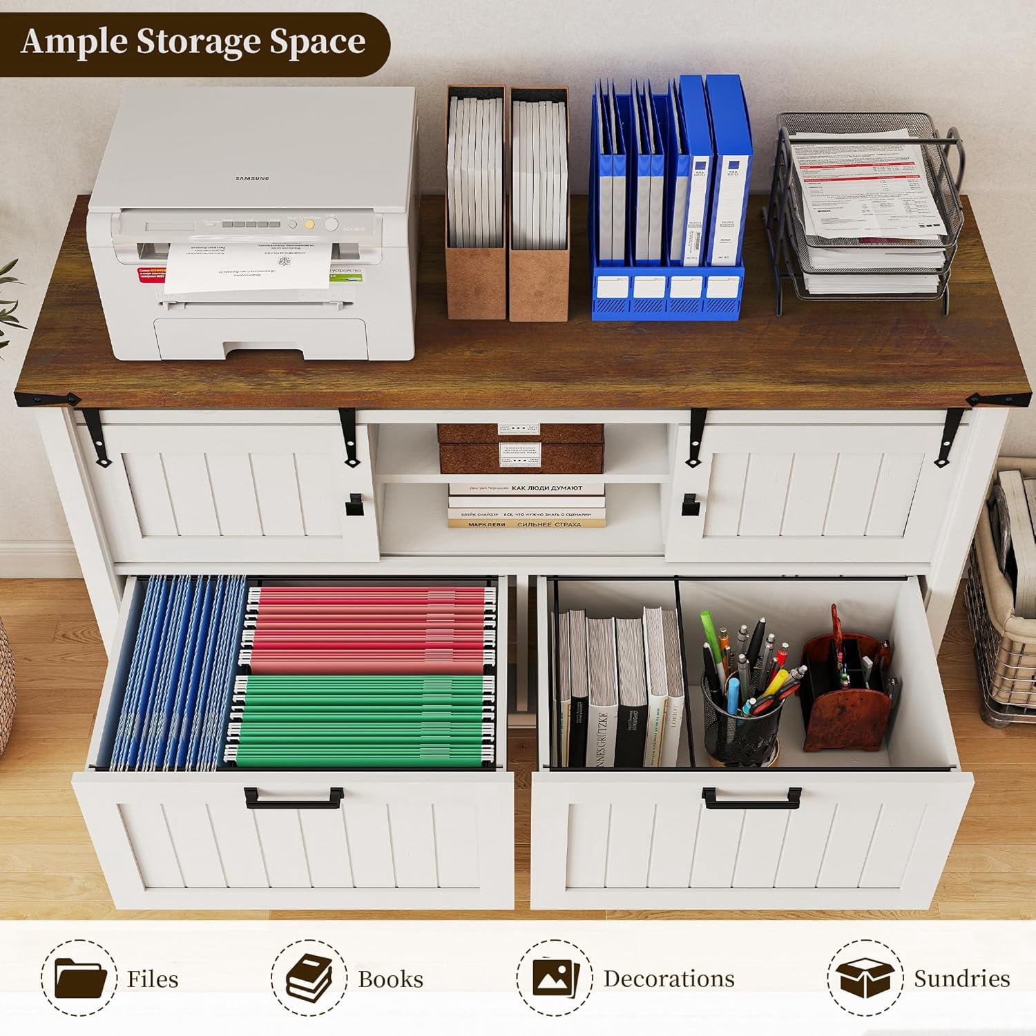 FIAKOA Farmhouse 2-Drawer Lateral File Cabinet,Filing Cabinet with Sliding Doors & Charge Station, Printer Stand Cabinets for Home Office,White