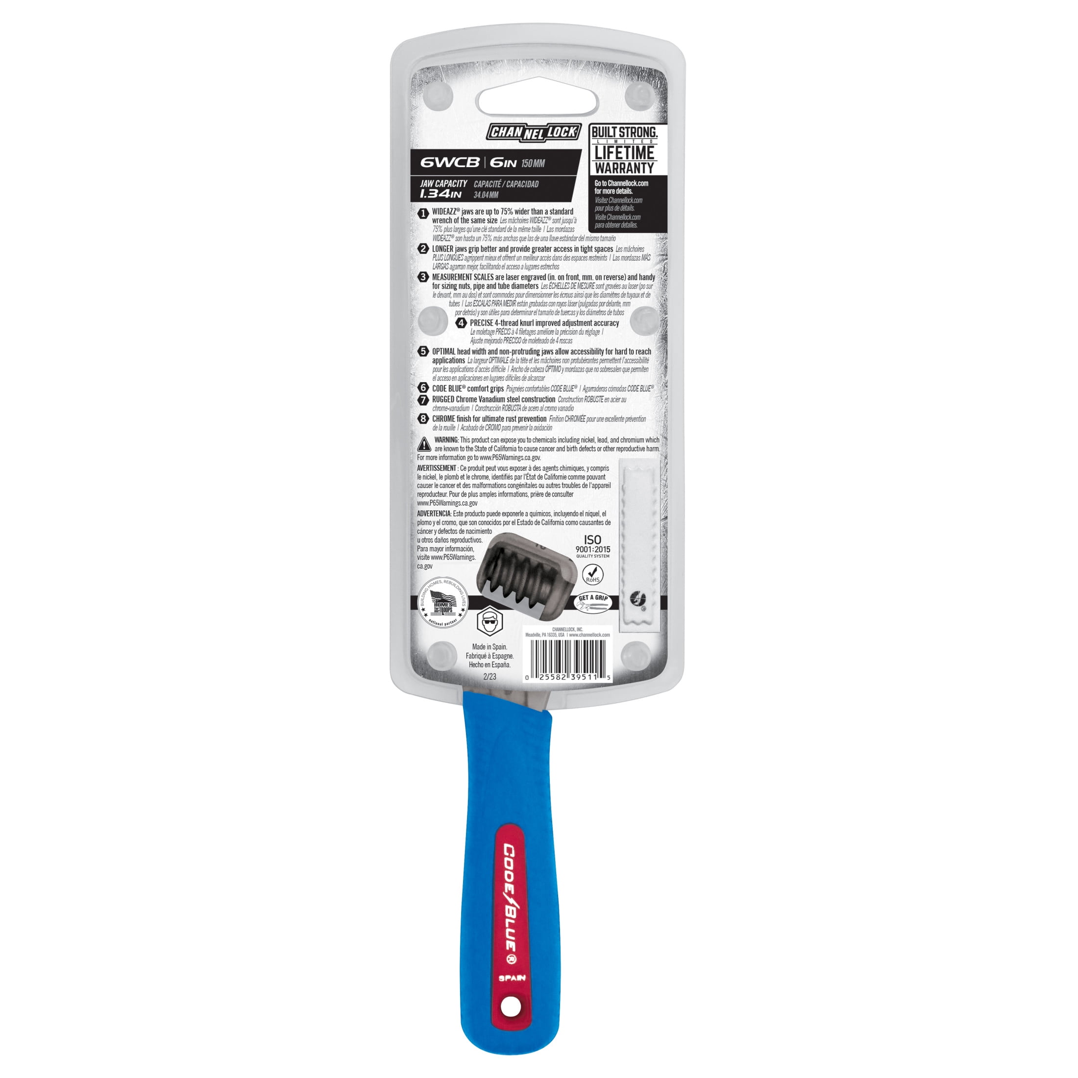 CHANNELLOCK 6-inch CODE BLUE WideAzz Adjustable Wrench, Precise 1.34-inch Wide Mouth Jaw Capacity (6WCB)