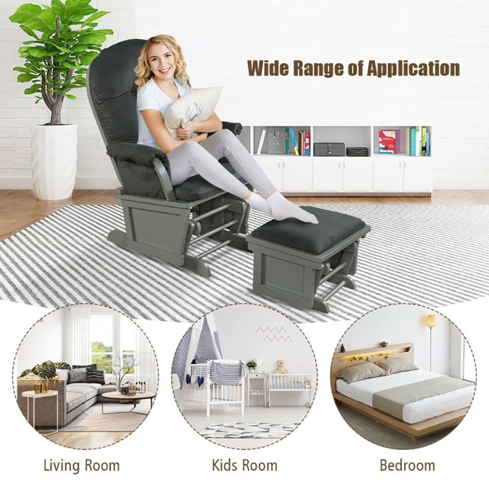 Finihen Upholstered Glider and Nursing Ottoman, Comfort Rocking Nursery Chair with Ottoman, Wood Baby Glider and Ottoman Cushion Set with Padded Armrests for Nursing, Gray