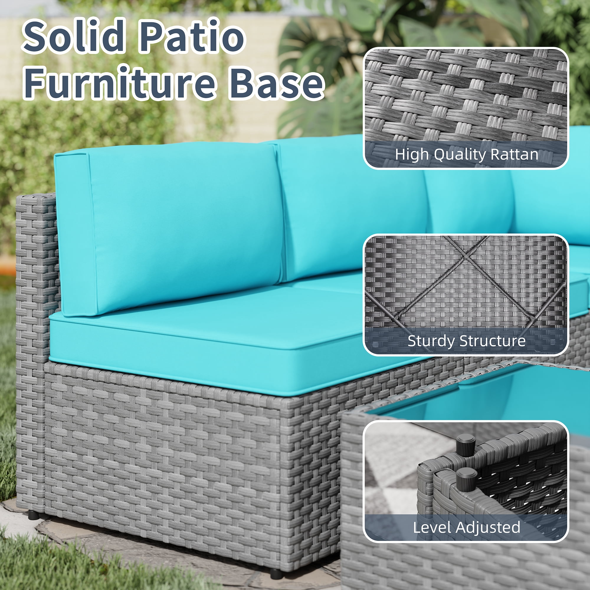 Walsunny 5 Pieces Outdoor Furniture Patio Sectional Sofa Set, Wicker Rattan Conversation Sets with Cushions and Glass Table, Silver Rattan Blue Cushions