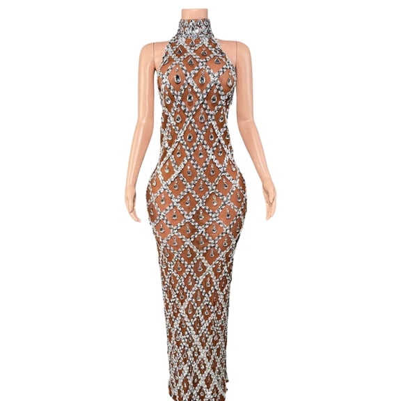 Rhinestones Evening Dress Skirt Stretchy Comfortable Fabric Sleeveless Dress