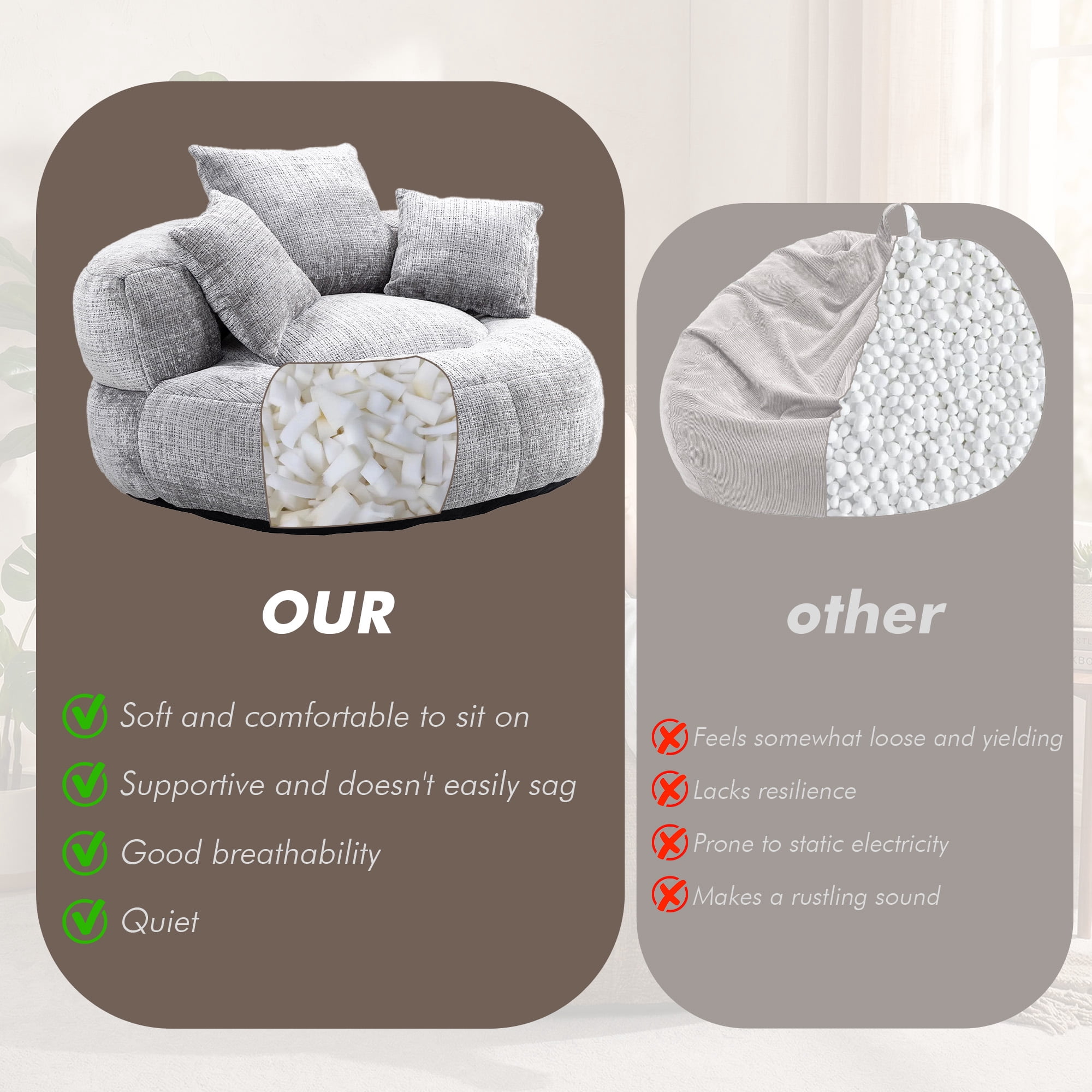 MOONMISS Oversized Bean Bag Chair, Chenille Lazy Bean Bag Sofa with Wrap-Around Backrest & Pillows for Living Room,Light Gray