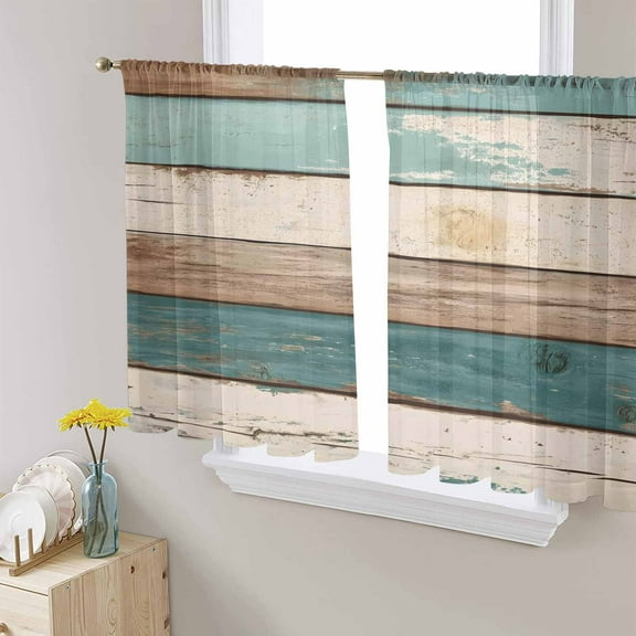 Farmhouse Teal Brown Sheer Curtains 54 Inches Length 2 Panels Set, Window Sheer Curtains for Living Room/Bedroom, Retro Ombre Wooden Light Filtering Rod Pocket Curtain 52'' x 54'' x 2