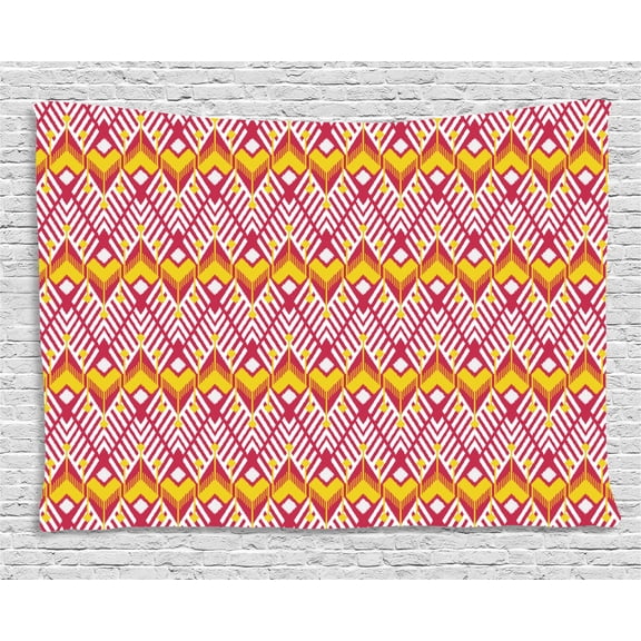 Ikat Tapestry, Tribal Native Cultural Composition Chevron Inspired Geometric Shapes, Wall Hanging for Bedroom Living Room Dorm Decor, 60W X 40L Inches, Dark Coral Yellow White, by Ambesonne