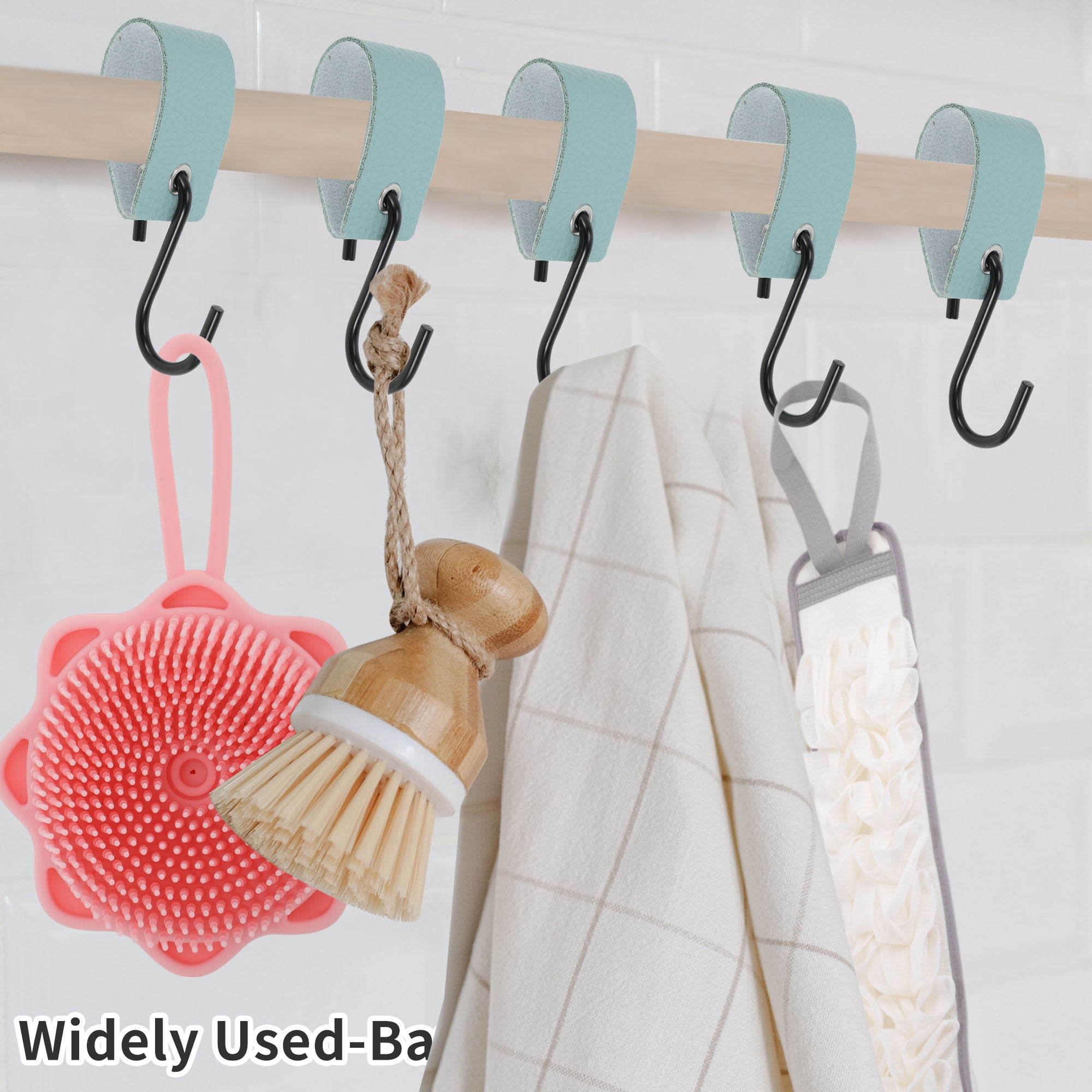 Unique Bargains Pack of 5 S Hooks with Leather Loop for Wardrobe Lake Blue