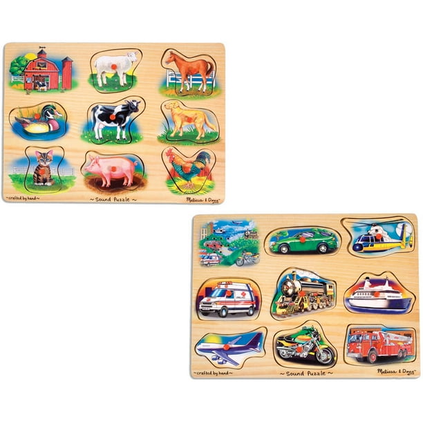 Melissa & Doug Sound Puzzles Set Farm and Vehicles Wooden Peg Puzzles