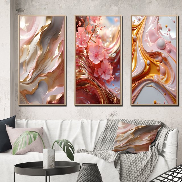Designart "Gold Wave Serenity Liquid Artistry I" Abstract Shapes Framed Wall Art Set Of 3 - Gold Transitional Frame Gallery Set For Office Decor