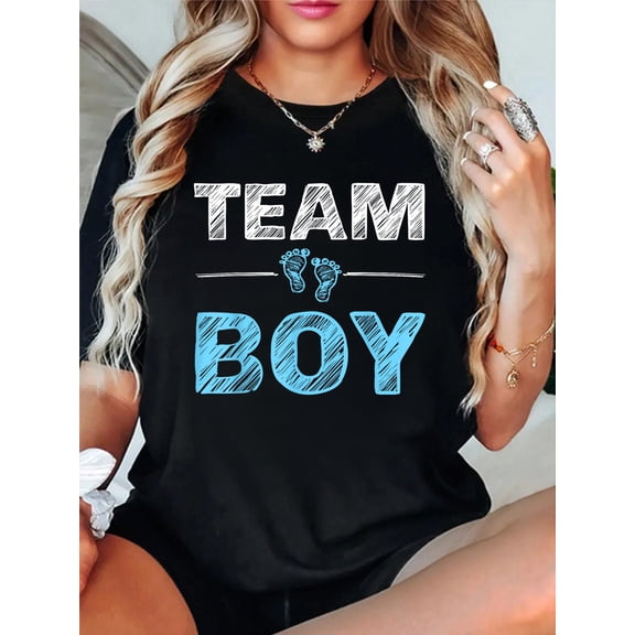 Cotton Team Boy Gender Reveal Party Gifts Soon to Be Baby Shower T-Shirt Women's Graphic Tee Casual Tops