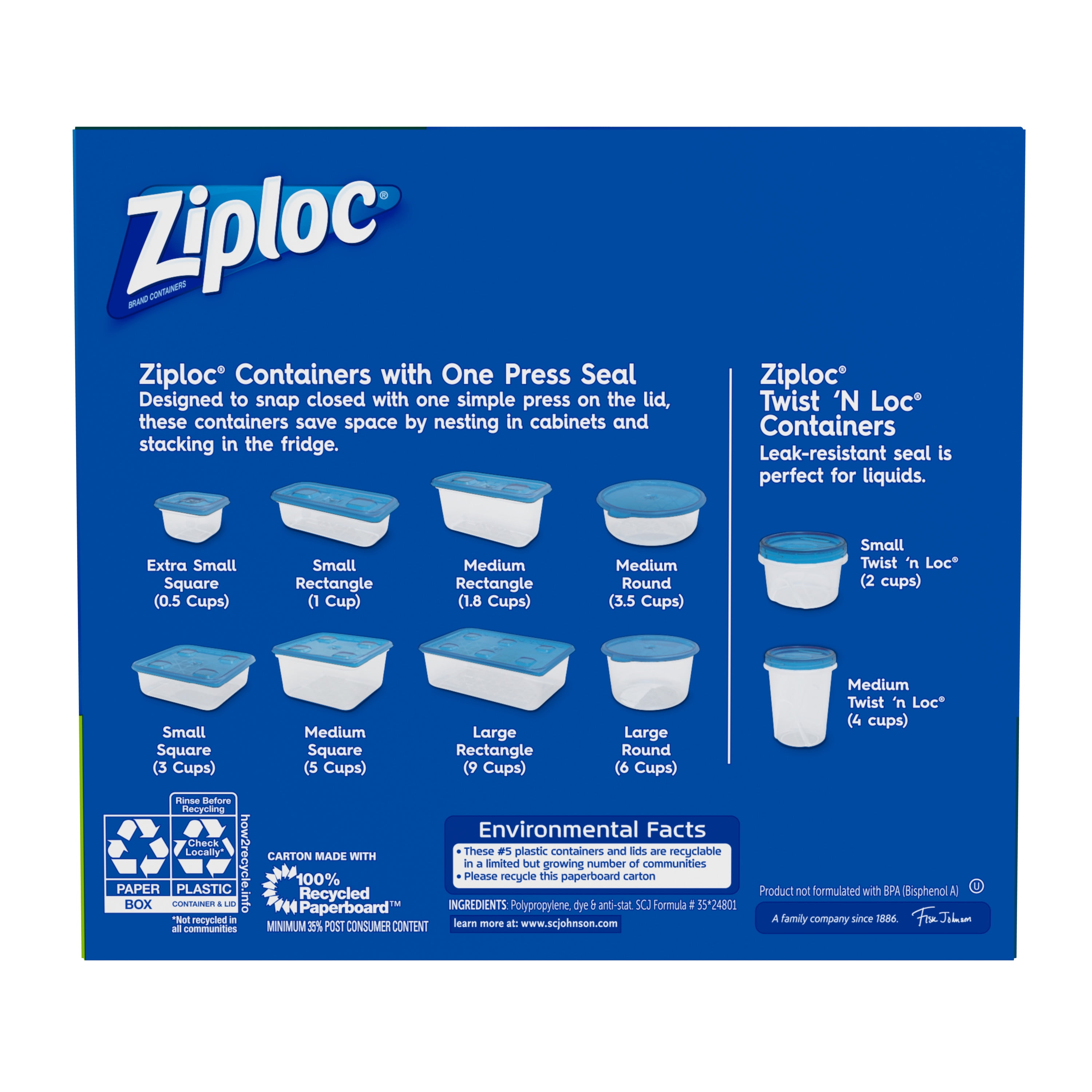 Ziploc 5Cup Medium Square Containers & Lids 3Ct