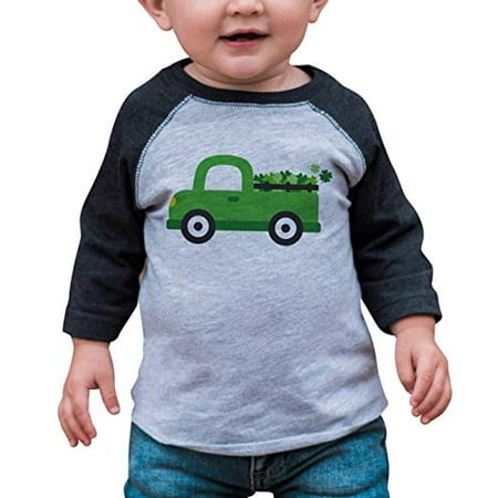 

7 ate 9 Apparel Kids Green Truck St. Patricks Day Grey Raglan