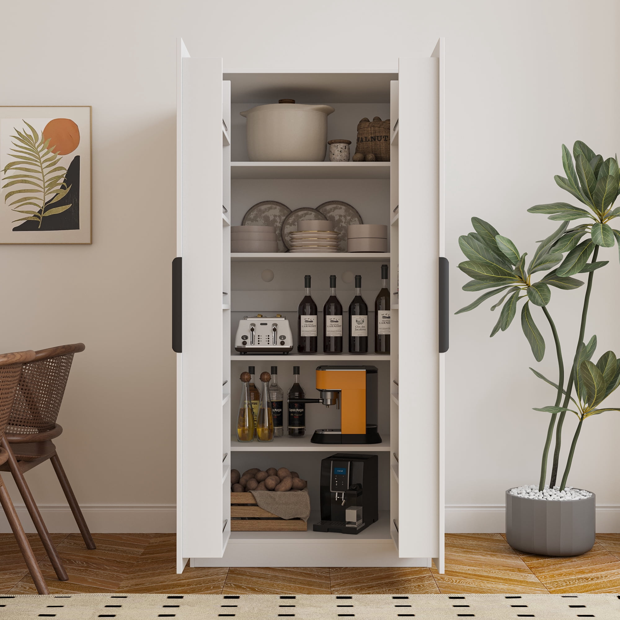 Leumius 63" Tall Kitchen Pantry Cabinet,Freestanding Buffet Cupboards Sideboard with Doors & Shelves,Kitchen Pantry Storage Cabinet for Kitchen,Living Room,White