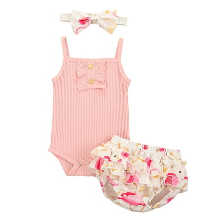 

Puloru Baby Girl’s Suspender Romper and Flamingo Shorts with Headband Set