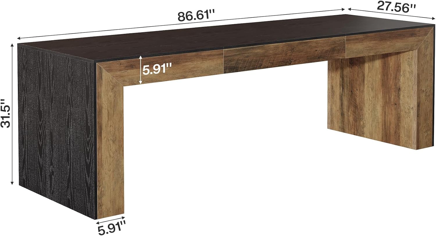 86.6-Inch Long Computer Desk for 2 Person, Farmhouse Executive Desk with Wooden Tabletop and Legs