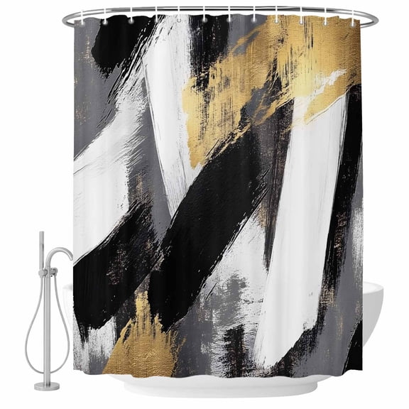 Abstract Black White Golden Painting Fabric Shower Curtain Modern Art Washable Shower Curtains for Bathroom, Waterproof Bath Curtain with Hooks Home Decor 36x72in