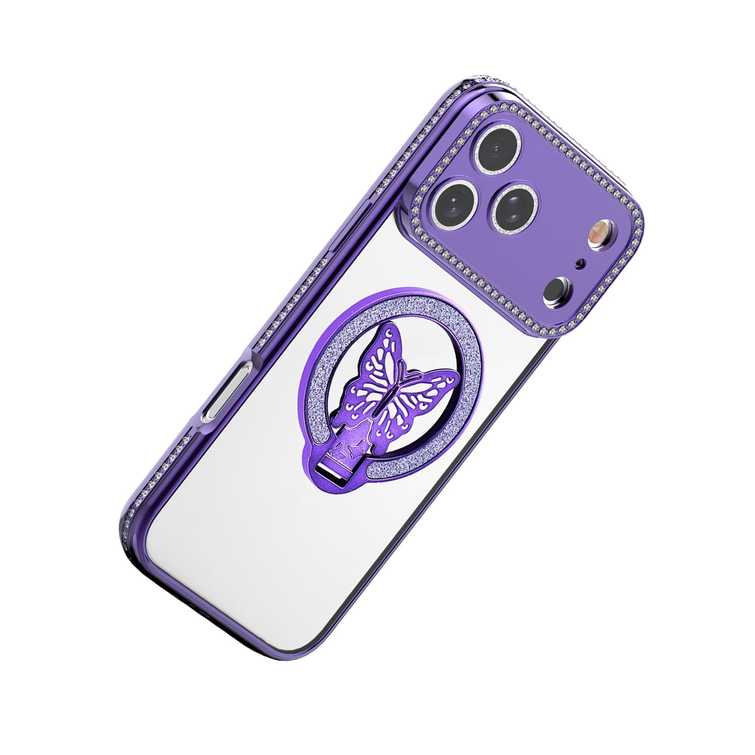 Elegant Glitter Butterfly Stand Case for iPhone 17 Pro Max - Purple