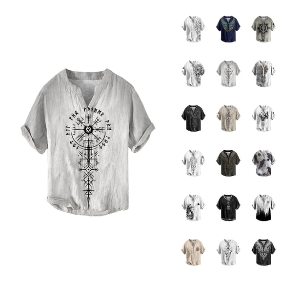 Viking Style Graphic Tees for Men 2026 Summer Casual Cotton Linen Short Sleeve V Neck T Shirts