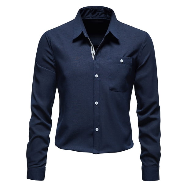 Nueva camisa de negocios ligera con botón de solapa informal de color sólido de manga larga Pompotops oipoqjl27080
