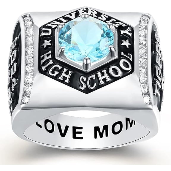 Custom Class Rings Fully Personalized Class Rings for Men Cubic Zirconia Birthstone Sterling Silver Rings Class Rings for Men High School Size 5-15 Men's High School Class Rings